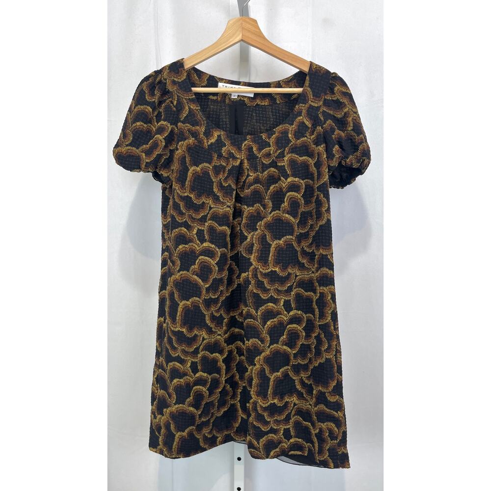 TRINA TURK Silk Dress Printed Swing Shift Mini Short Sleeve Black Brown Size 2